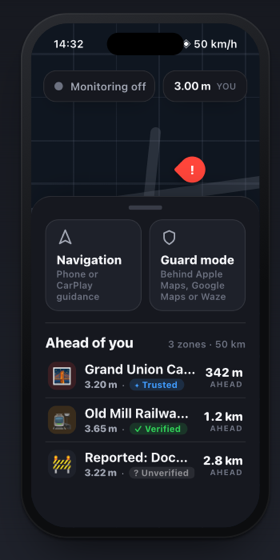 TopAware map home screen with navigation, guard mode, and nearby clearance zones